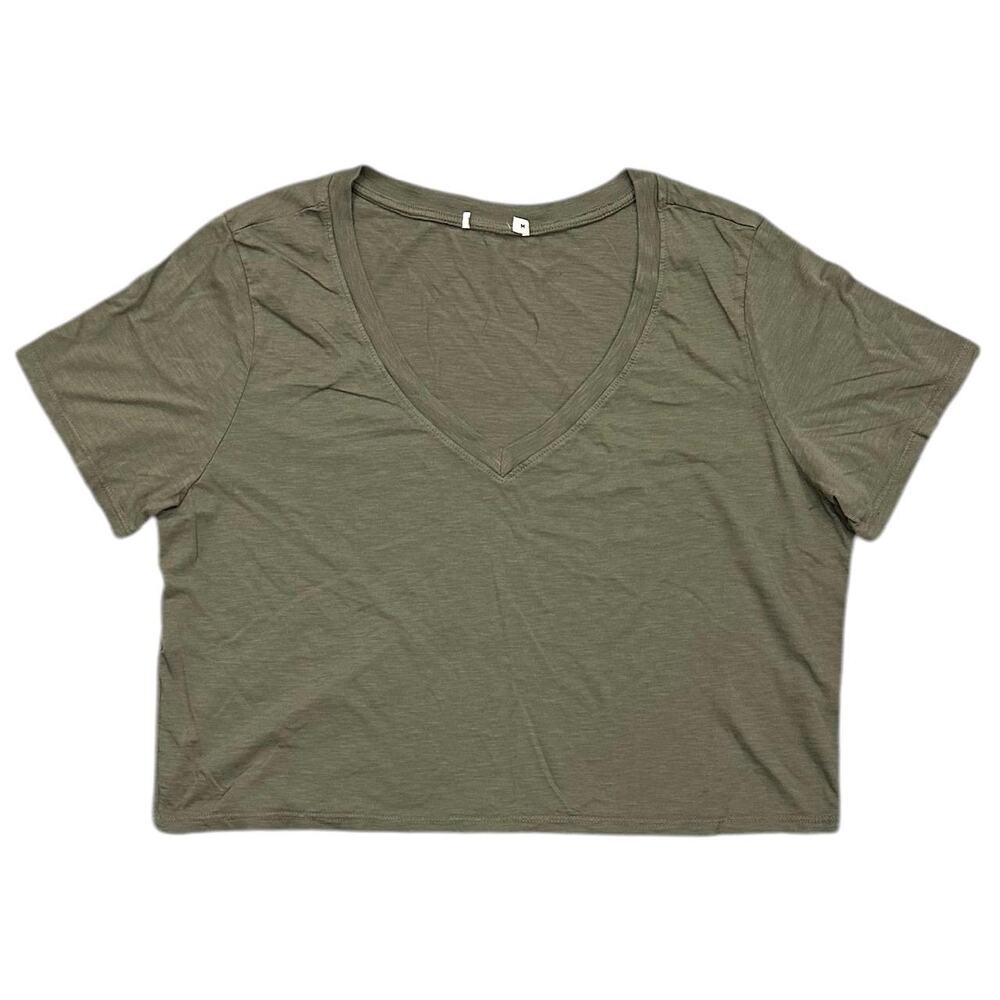 Marine Layer Women's T-Shirt Boyfriend Relaxed Fit V-Neck Cropped Tee in Olive - Picture 3 of 4